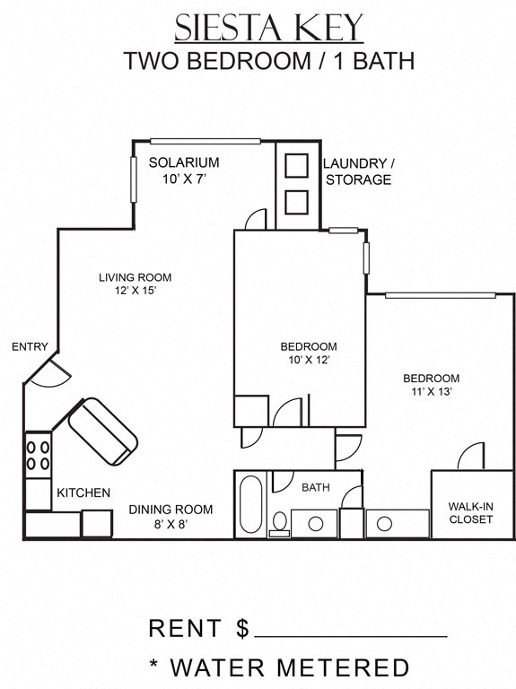 Floor plan for 2 beds, 1 bath, 950 sqft